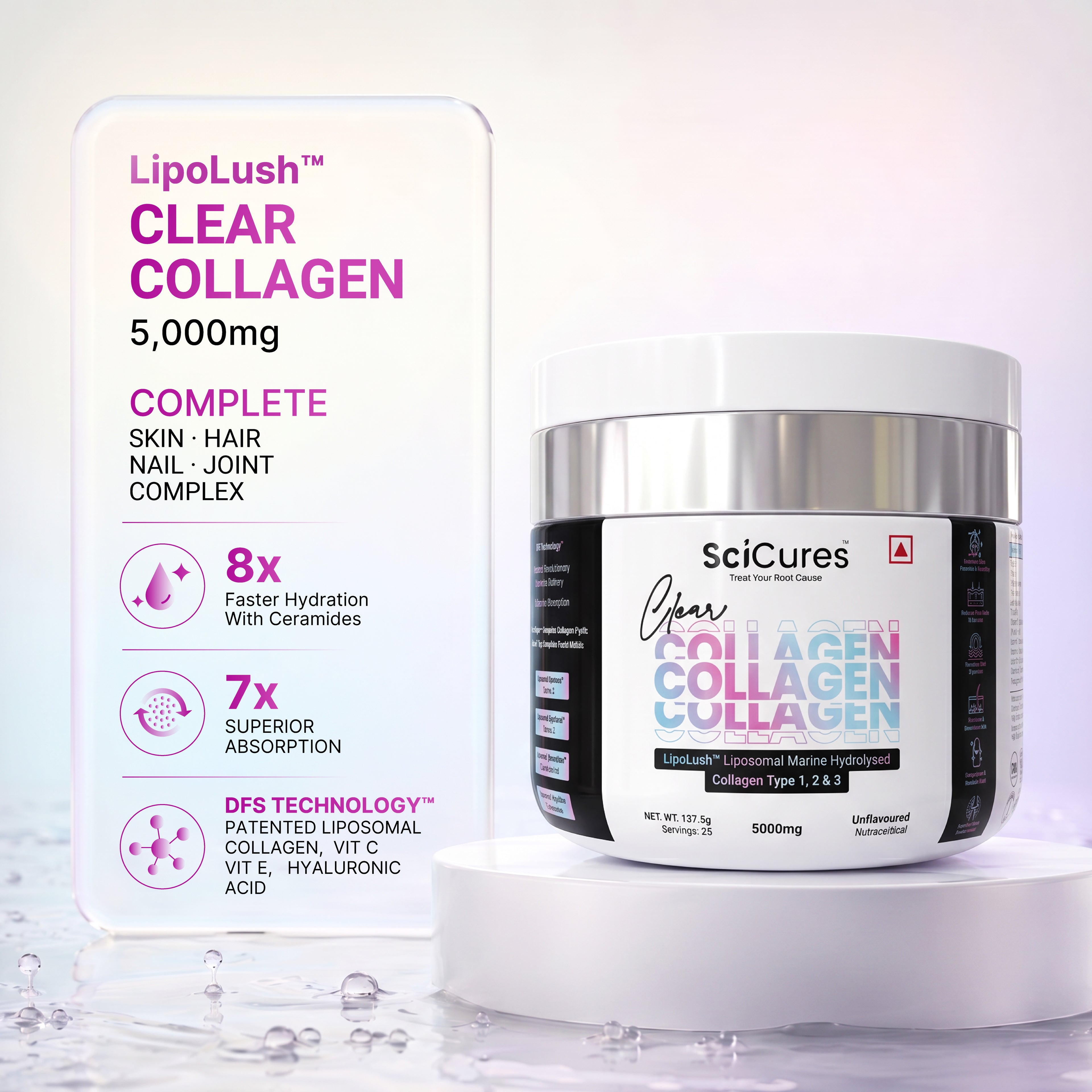 SciCures Clear Collagen 5000mg Liposomal collagen jar showing 8x hydration and 7x superior absorption benefits