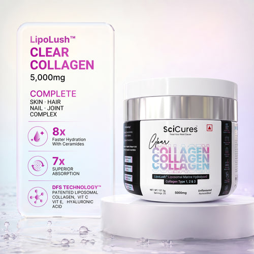 SciCures Clear Collagen 5000mg Liposomal collagen jar showing 8x hydration and 7x superior absorption benefits