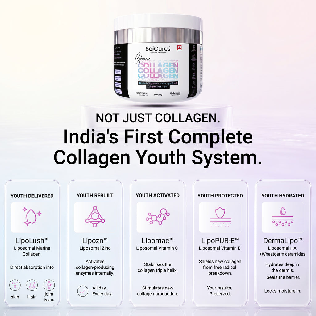 SculCures Collagen Youth System showing a white supplement jar at NOT JUST COLLAGEN Breakdown of complete collagen youth system: LipoLush delivery, liposomal zinc, vitamin C, E, and HA