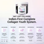 SculCures Collagen Youth System showing a white supplement jar at NOT JUST COLLAGEN Breakdown of complete collagen youth system: LipoLush delivery, liposomal zinc, vitamin C, E, and HA