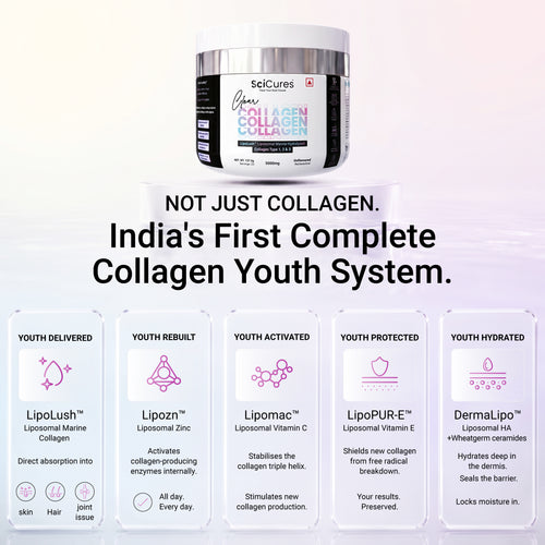 SculCures Collagen Youth System showing a white supplement jar at NOT JUST COLLAGEN Breakdown of complete collagen youth system: LipoLush delivery, liposomal zinc, vitamin C, E, and HA