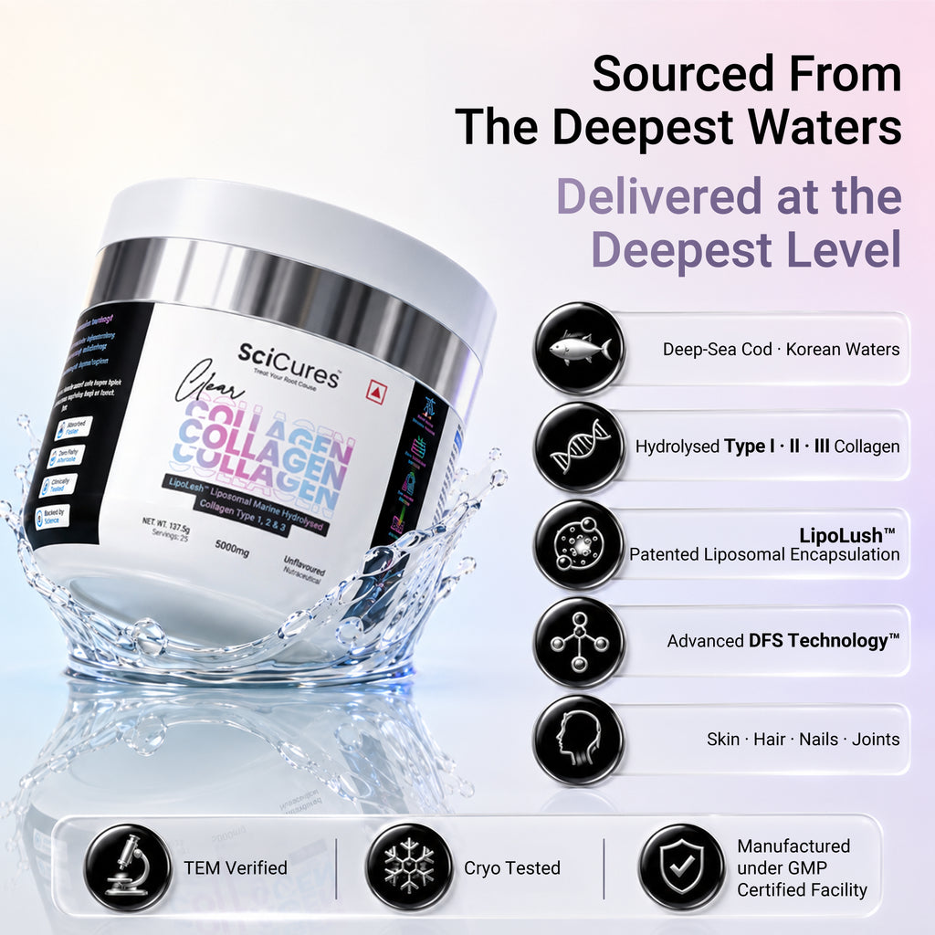 SCICURES Clear Collagen sourcing details showing deep-sea Korean cod, hydrolyzed Type 1, 2, and 3 collagen