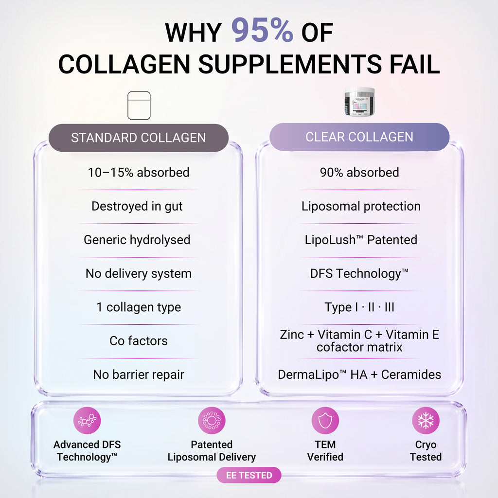An infographic comparing standard and clear collagen supplements, titled 'WHY 95% OF COLLAGEN SUPPLEMENTS FAIL'. It shows a breakdown of absorption and digestion issues with standard collagen versus the improvements in 'Clear Collagen' using technologies like Liposomal protection and DFS Technology. Comparison chart showing why Clear Collagen liposomal delivery is 90% absorbed versus standard collage