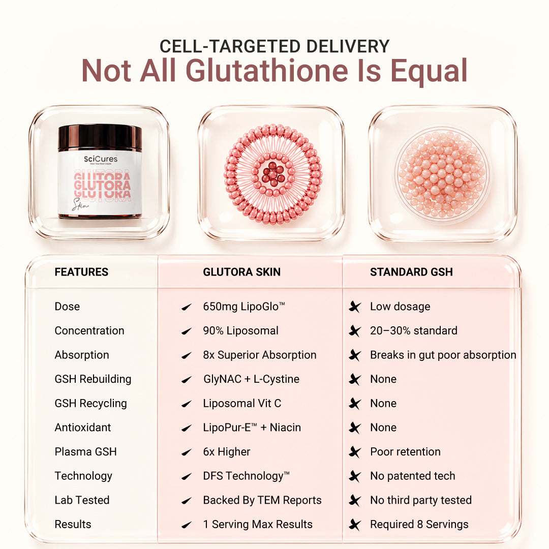 Feature comparison table proving Glutora Skin's superior cell-targeted delivery, absorption, and formulation advantages over standard glutathione supplements