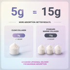 Absorption comparison showing 5g of Clear Collagen (liposomal collagen) equals 15g of standard marine collagen