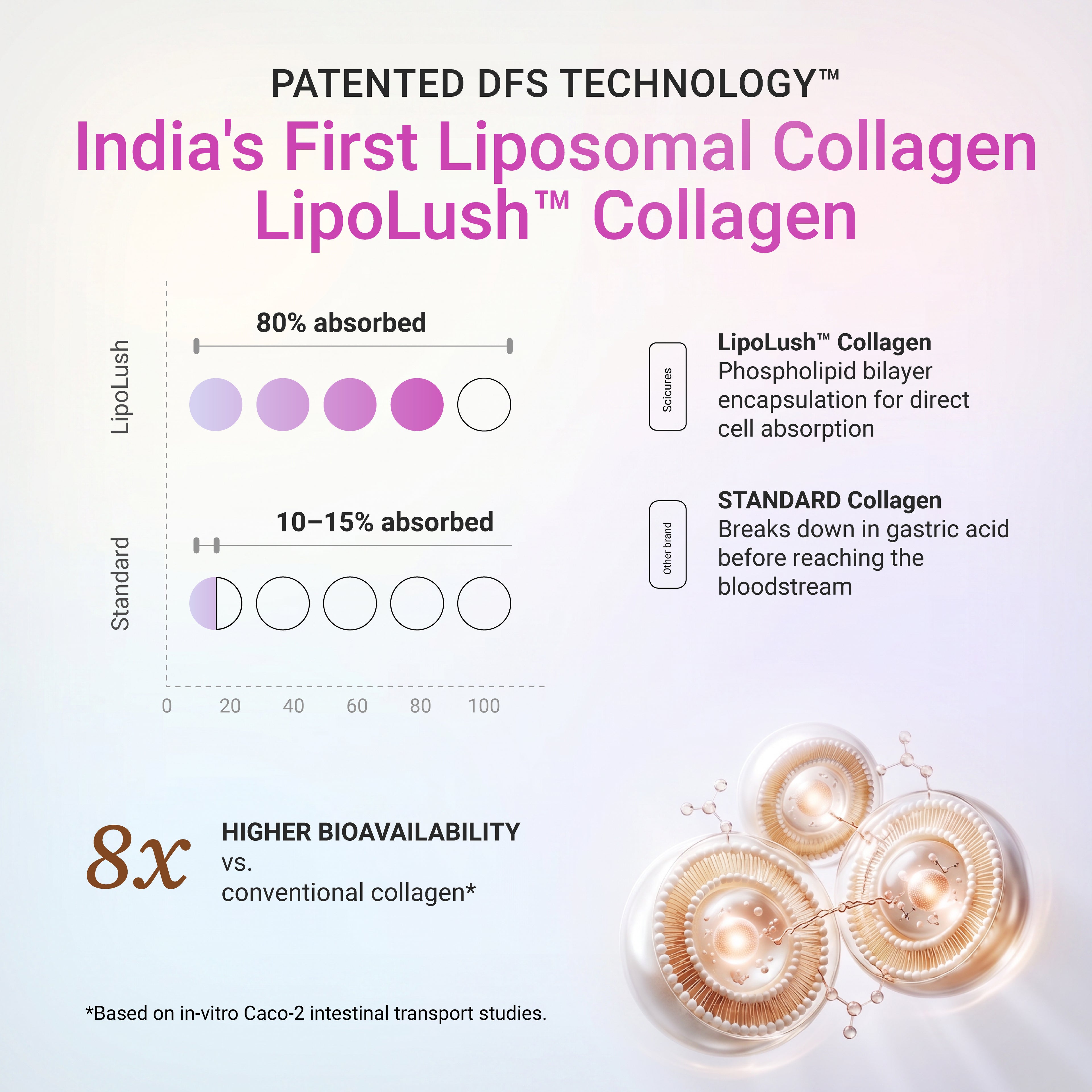 LipoLush Liposomal Collagen, comparing its patented DFS technology to standard collagen. The graphic features a comparison chart showing 80% absorption for LipoLush (represented by purple gradient circles) versus 10-15% absorption for standard collagen.